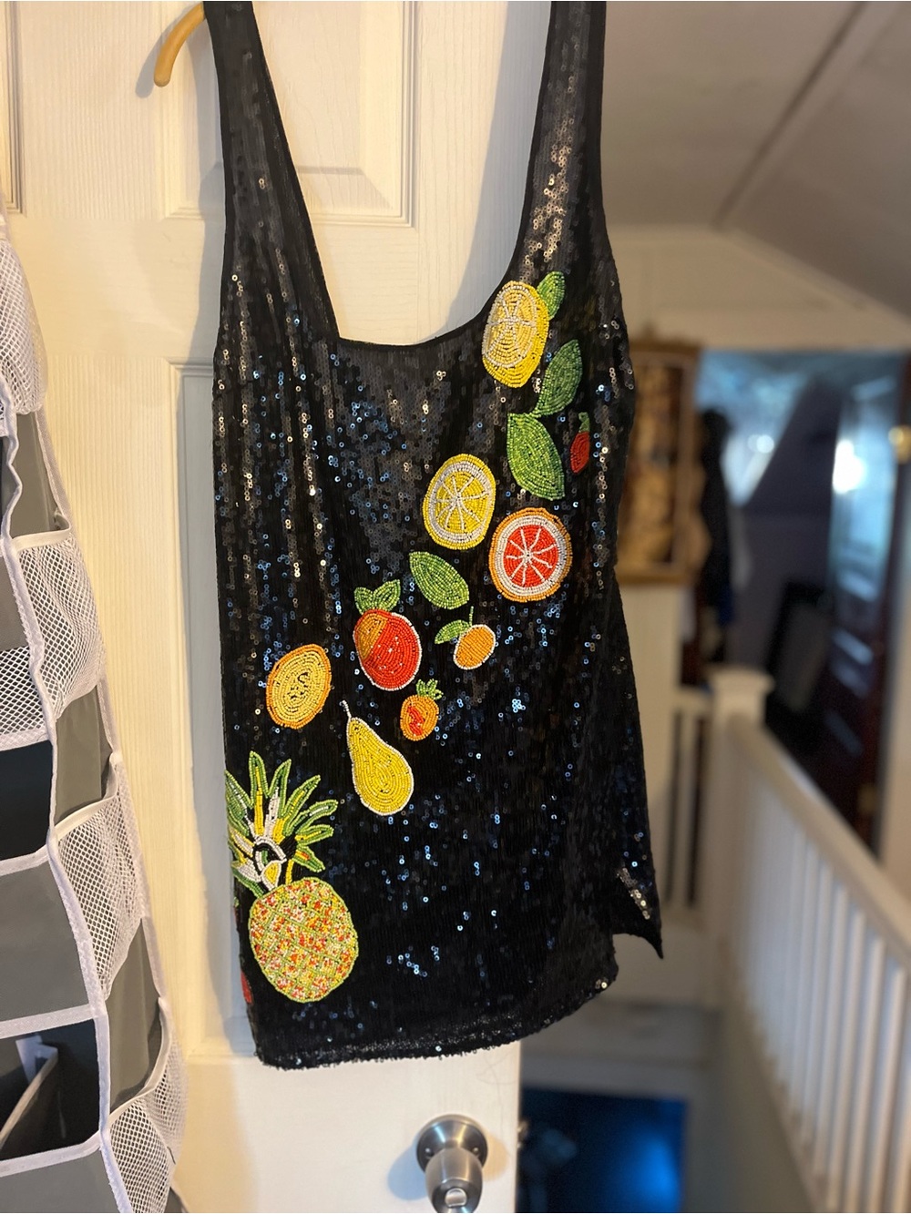 Black Sequin Mini Dress with Colorful Fruit Embroidery